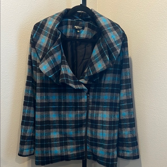 twiggy LONDON Blue and Black Pea Coat with Plaid Design - Picture 1 of 4